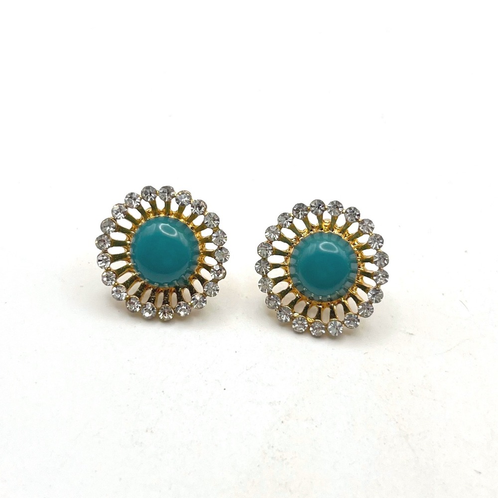 Vintage Teal Cabochon Sunburst Stud Earrings Gold Tone Rhinestone Halo